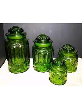 LE Smith Set of Four Green Moon & Stars Glass Canister Set w/ Lids Free Shipping